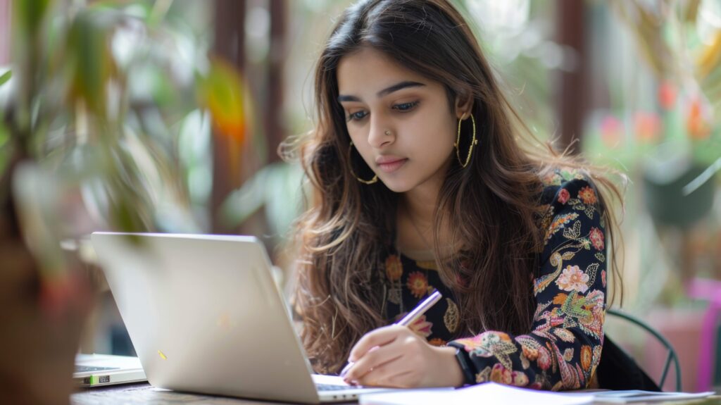 Young woman studying online on laptop with notebook in natural light