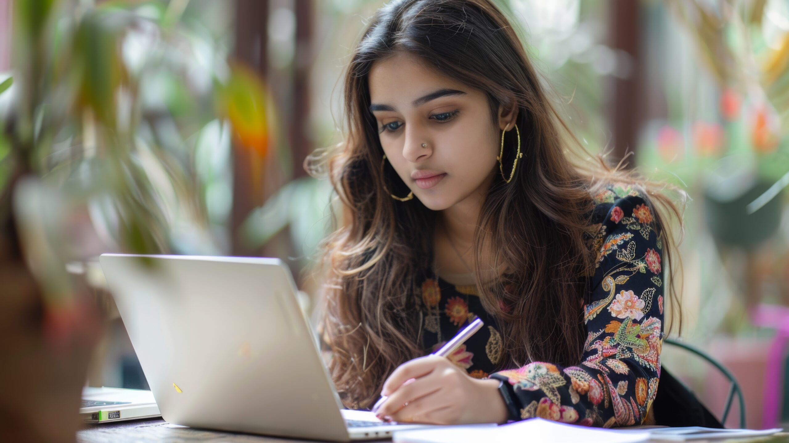 Young woman studying online on laptop with notebook in natural light