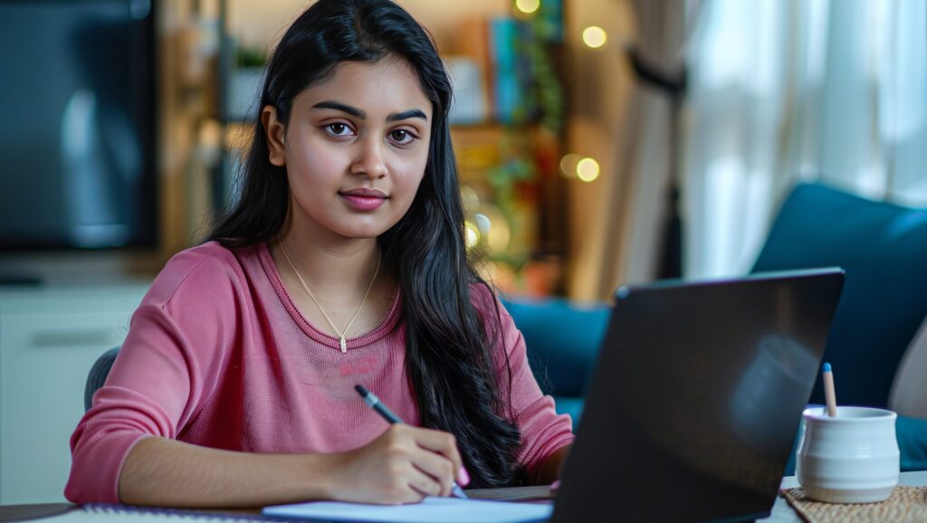 Student studying through Online Distance Learning Courses using laptop at home