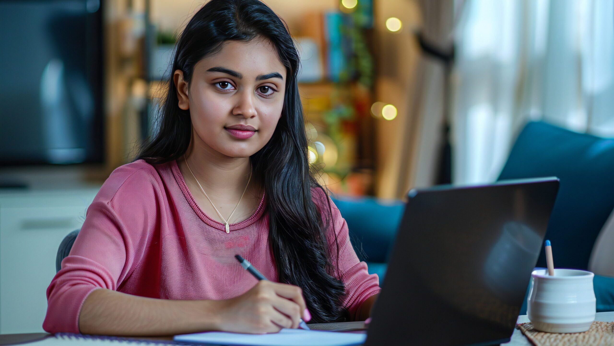 Student studying through Online Distance Learning Courses using laptop at home
