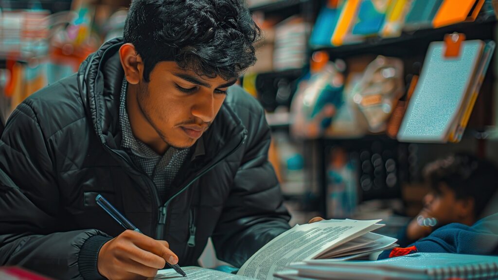 Young student studying and writing notes for correspondence education in Bangalore in a modern learning environment