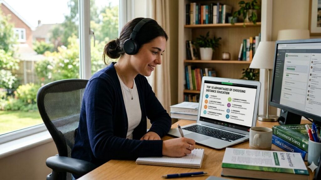 A young woman wearing headphones smiles as she takes handwritten notes while following an online course.