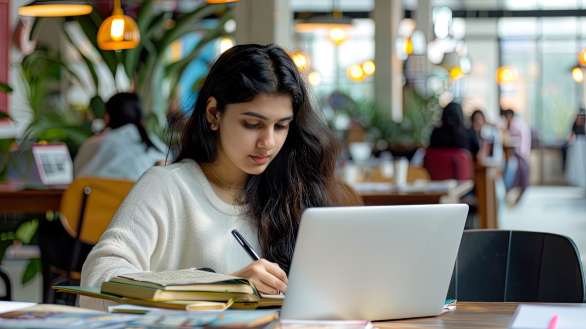 Indian student studying online on a laptop for distance education in Bangalore university program